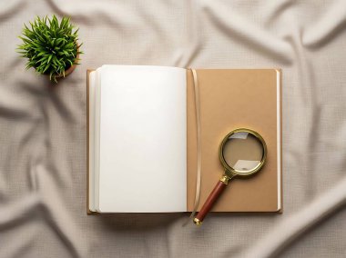 Defteri büyüteçle ve kumaş yüzeyinde saksı bitkisiyle aç