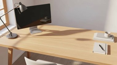 Bilgisayarlı ve aksesuarlı minimalist ofis masası