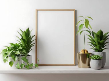 Boş bir ahşap çerçeve çeşitli saksı bitkileriyle çevrili bir rafta durur..