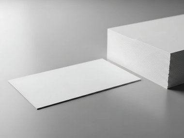 Bir yığın boş beyaz kartvizit ve gri arka planda gevşek bir kart..