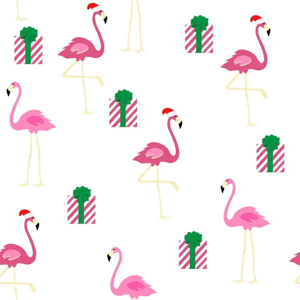Patrón sin costura de flamingo de Navidad tropical Flamingo rosa con sombrero de Navidad, regalo, sobre fondo blanco Fácil para papel, tela, tarjetas de Navidad, embalaje, invitación, otros sus diseños. —  Fotos de Stock