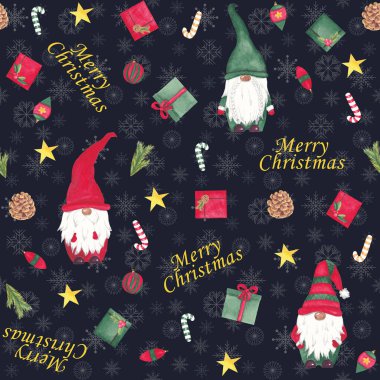 Suluboya noel cüceleri kusursuz İskandinav desenli hediyeler, şekerler, koyu mavi arkaplanda harfler tasarım kumaşı, tekstil, ambalaj kağıdı, davetiye, tebrik kartı