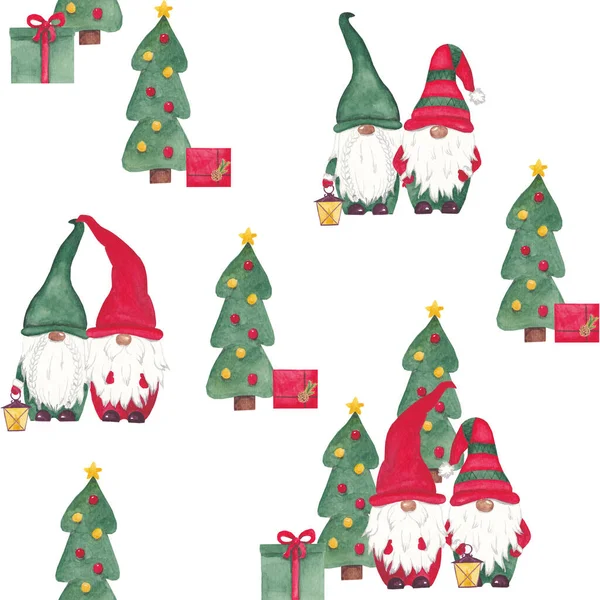 Watercolor christmas gnome seamless pattern Scandinavian gnomes with gifts, lanterns, tree on white background For design fabric, textile, packaging, wrapping paper, invitation, greeting cards — Stock Photo, Image