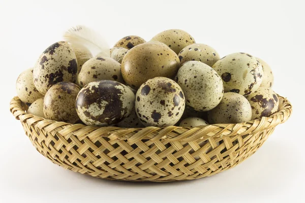 Перепелиные яйца в плетеной овальной форме — стоковое фото
