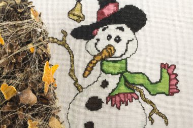 İşlemeli kardan adam ve koniler ile Noel ağacı