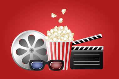 Gerçekçi vektör çizimi. El çırpıcı, patlamış mısır, 3 boyutlu gözlük, film şeridi..