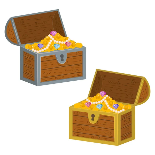 Wooden Treasures Chest Gems Treasures Vector Illustration — 스톡 벡터