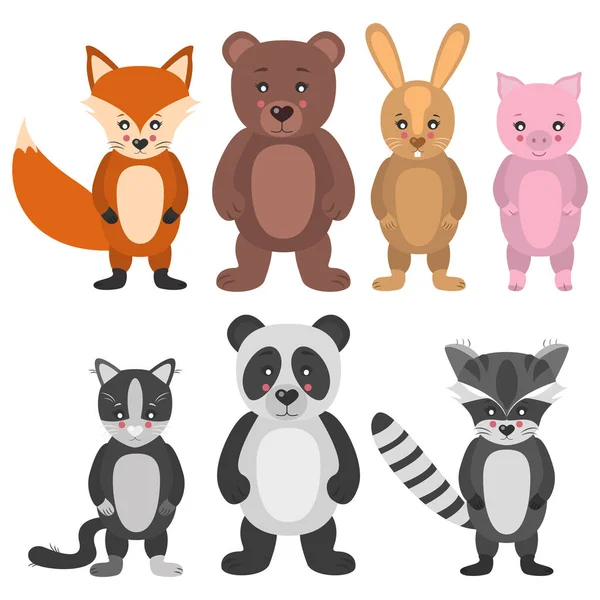 Set Animals Fox Bear Hare Piglet Cat Panda Raccoon — Stock Vector