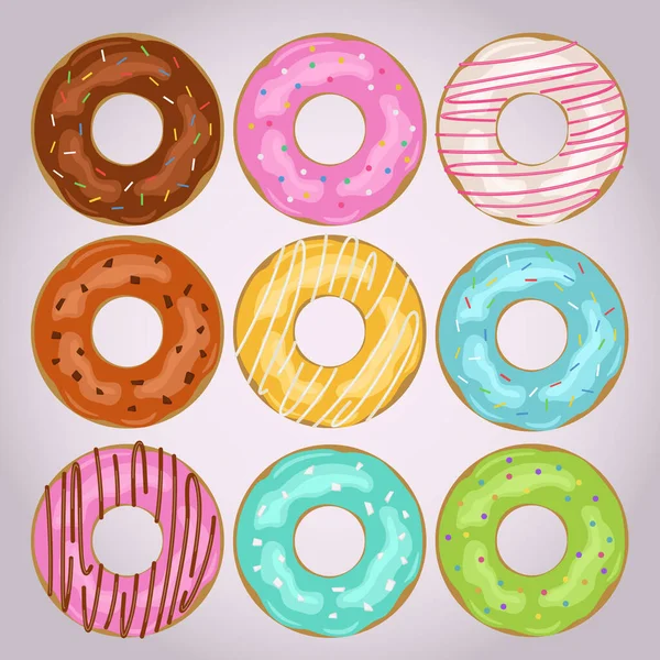 Illustrationsset Von Leckeren Donuts Mit Zuckerguss Und Schokolade — Stockvektor