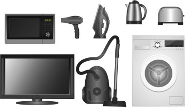 Cihazlar, mikrodalga, TV, elektrikli süpürge, çamaşır makinesi, saç kurutma makinesi, demir, su ısıtıcısı, ekmek kızartma makinesi..
