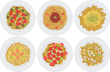 Farklı türde makarnalı tabak seti. Yemek, İtalyan mutfağı..