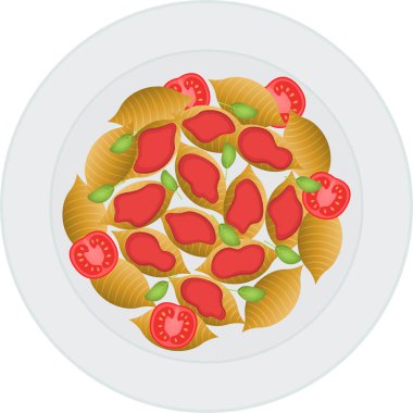 Domates ezmeli ve otlu makarnanın resmi. Yemek, İtalyan mutfağı..