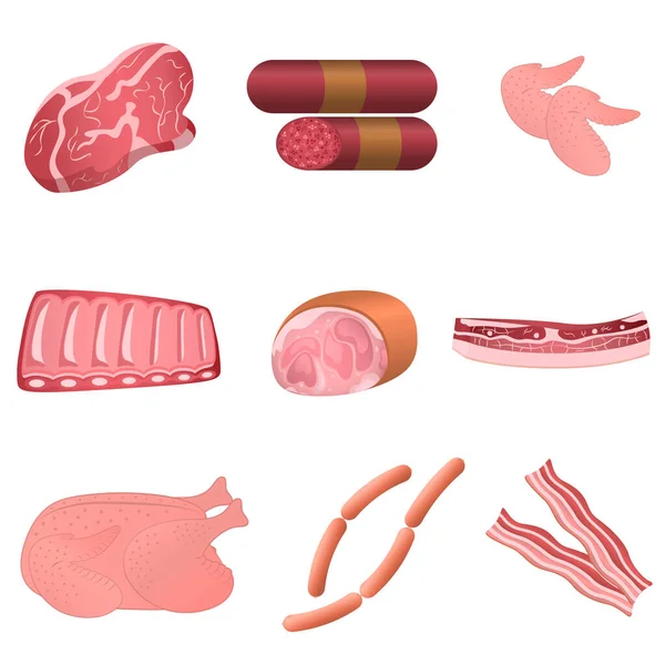 Ilustración Juego Carne Comida Carne Salchichas Pollo Tocino Jamón — Archivo Imágenes Vectoriales