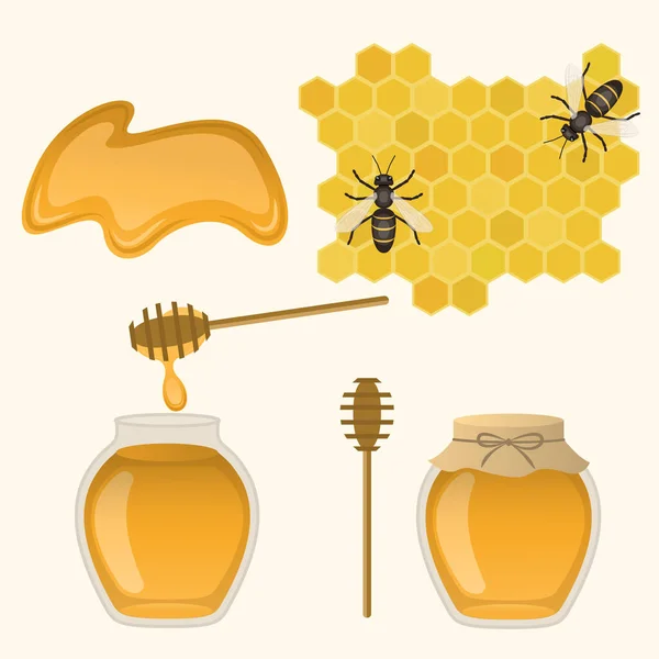 Set Honey Open Jar Honey Spoon Closed Jar Bees Honeycombs — Stock Vector