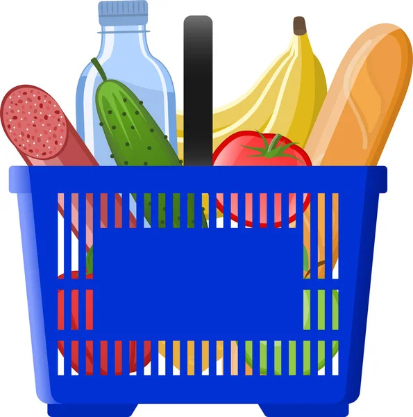 Illustration Blue Basket Set Products Water Sausage Bread Fresh Vegetables — Stock Vector