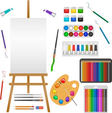 Çizim için hazır. Easel, tuval, boya, fırça, kalem, silgi, keçeli kalem, palet. Sanatçı için nesneler.