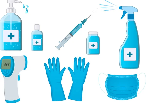 Çeşitli hijyen malzemelerinin vektör çizimi. Sabun, jel, şırınga, ilaç, antiseptik, termometre, eldiven, maske..