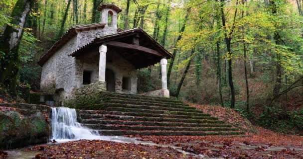 Höstscenen Sant Marti Del Corb Kyrka Garrotxa Girona Katalonien Spanien — Stockvideo