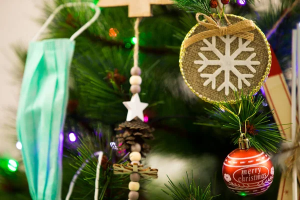 Christmas tree decorations and masks. Abstract and background scene.