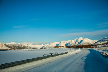 Lofoten Adaları 'nda kış, Kuzey, Norveç.