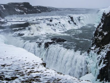 Winter landscape in Gullfoss waterfall, Iceland, Northern Europe.