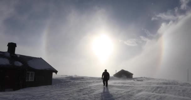 Viento Invernal Extremo Cabaña Reinheim Parque Nacional Dovrefjell Noruega — Vídeo de stock