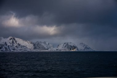 Lofoten Adaları 'nda kış, Kuzey, Norveç.