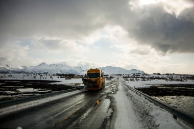 Lofoten Adaları 'nda kış, Kuzey, Norveç.