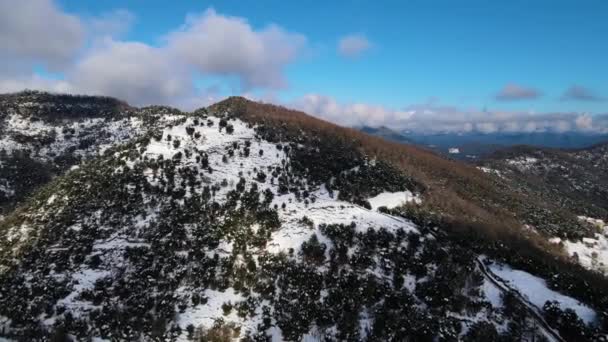 Cena Aérea Com Drone Queda Neve Puigsacalm Peak Garrotxa Girona — Vídeo de Stock