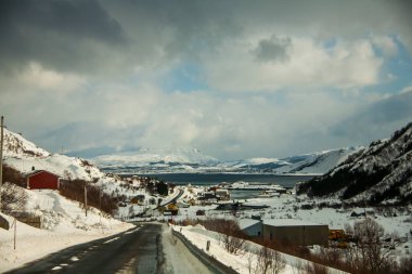 Lofoten Adaları 'nda kış, Kuzey, Norveç.