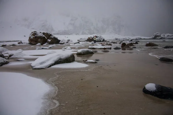 Winter Bleik Beach Lofoten Islands Northern Norway — Fotografia de Stock