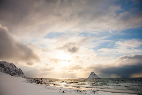 Vinter Bleik Beach Lofoten Islands Norra Norge — Stockfoto