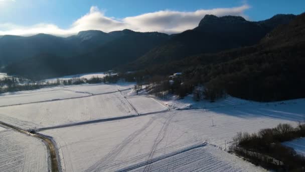 Cena Aérea Com Drone Queda Neve Hostalets Bas Garrotxa Girona — Vídeo de Stock