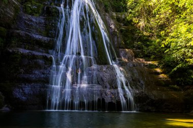 La Garrotxa, Girona, İspanya 'da İlkbahar Gorg De L Olla Şelalesi.