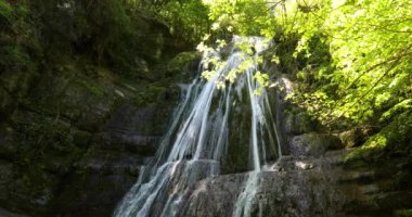 La Garrotxa, Girona, İspanya 'da İlkbahar Gorg De L Olla Şelalesi