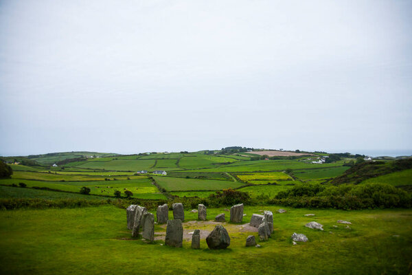 Spring landscape in Drombeg megaliths in Ireland.