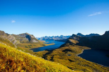 Lofoten Adaları 'ndaki sonbahar manzarası ve plajı. Norveç