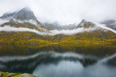 Lofoten Adaları 'ndaki sonbahar manzarası ve plajı. Norveç