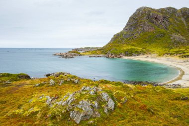 Lofoten Adaları 'ndaki sonbahar manzarası ve plajı. Norveç