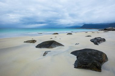 Lofoten Adaları 'ndaki sonbahar manzarası ve plajı. Norveç