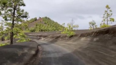 Birinci şahıs görüşü, video Llano del Jable, La Palma, Kanarya adalarında volkanik kumda sürüş olarak görülüyor. 4K UHD