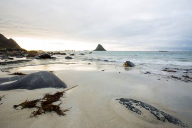 Lofoten Adaları 'ndaki sonbahar manzarası ve plajı. Norveç