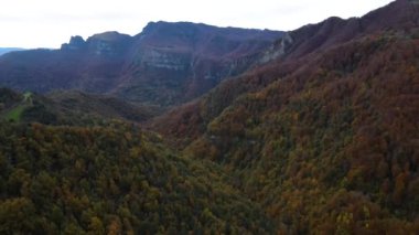 Puigsacalm Tepesi, La Garrotxa, Girona, İspanya 'daki sonbahar manzarasının insansız hava aracı görüntüsü. 4K UHD
