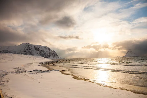 Vinter Bleik Beach Lofoten Islands Norra Norge — Stockfoto