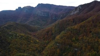 Puigsacalm Tepesi, La Garrotxa, Girona, İspanya 'daki sonbahar manzarasının insansız hava aracı görüntüsü. 4K UHD