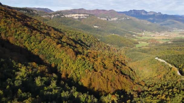 Escena Aérea Con Dron Del Paisaje Otoñal Vall Bas Garrotxa — Vídeos de Stock