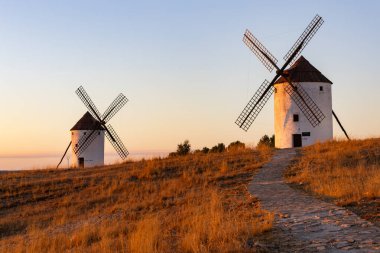 Tarihi yel değirmenleri, altın saat boyunca kuru, çimenli bir tepenin üzerinde güzel, berrak bir gökyüzünün altında durur.