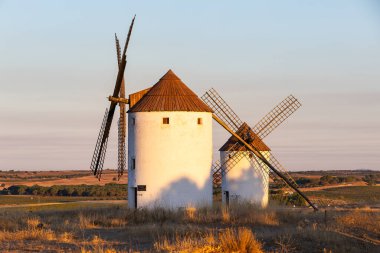 Geleneksel yel değirmenleri İspanya 'nın La Mancha kentinin tarihi kırsal manzarasını gün batımında şekillendiriyor.