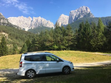 Güneşli bir günde çimenli bir arazide park etmiş alp manzarasının tadını çıkaran bir minibüs.