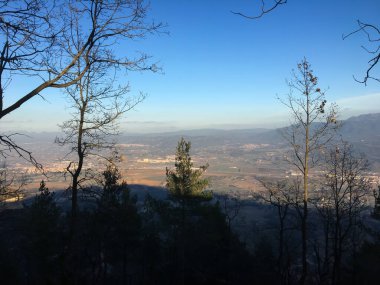 Siluetli ağaçlarla kaplı panoramik vadi manzarası açık bir gökyüzünün altındaki tarlalara ve binalara bakıyor